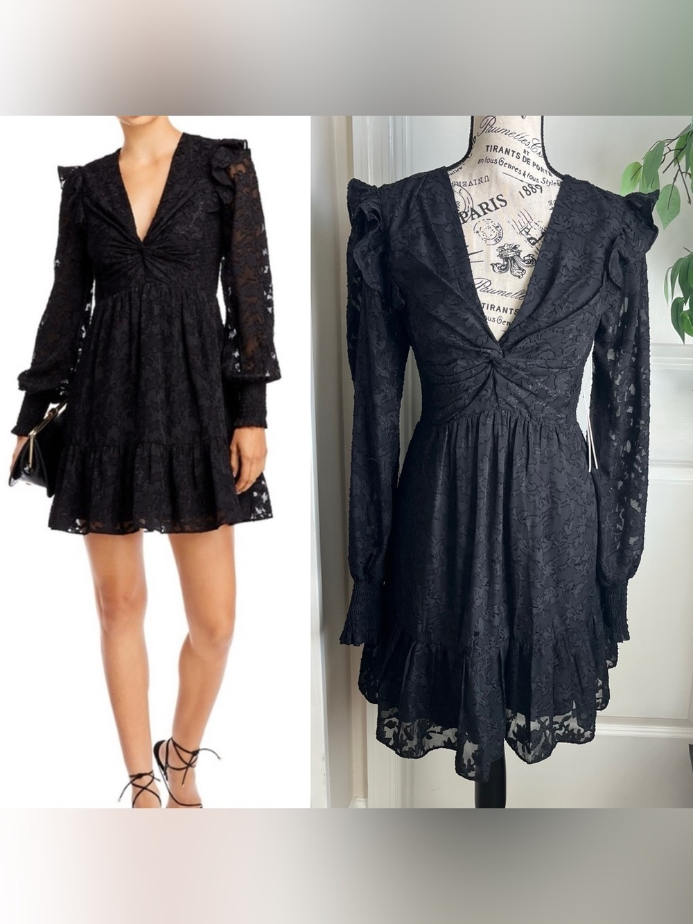 Aqua Extended Shoulder V-Neck Textured Long Sleeve Dress Black Sz M